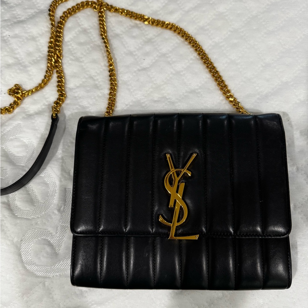 Yves Saint Laurent Black Leather Crossbody with Gold Chain